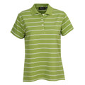 Olive green ladies polo shirt with white horizontal stripes and button placket