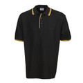 Black polo shirt with gold contrast tipping on collar and sleeves, featuring three-button placket
