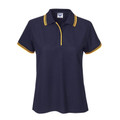 Navy ladies polo shirt with gold contrast tipping on collar, placket and sleeves