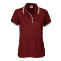 Maroon ladies polo shirt with white contrast trim on collar, placket and sleeves