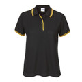 Black ladies polo shirt with gold contrast tipping on collar, placket and sleeves