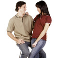 Burgundy ladies polo with white contrast tipping on collar and sleeves, paired with sand men's contrast polo