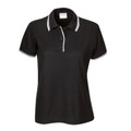 Black ladies polo shirt with white contrast tipping on collar, placket and sleeve cuffs