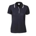 Navy ladies polo with white contrast tipping on collar and sleeves