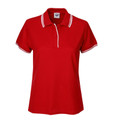 Red ladies polo shirt with white contrast tipping on collar, sleeves and placket