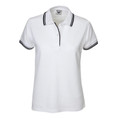 White ladies polo shirt with black contrast tipping on collar and sleeves