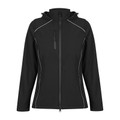 Black softshell hooded jacket with contrast piping and chest zip pocket
