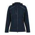 Navy softshell jacket with white piping detail, detachable hood and chest pocket