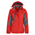 Red+Grey SUMMIT women's waterproof and seam-sealed jacket with a brushed fleece lining, featuring a detachable hood and high-performance weather protection (WP 5000/BP 5000) for outdoor wear.