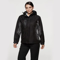 Black waterproof jacket with charcoal grey contrast panels and hood, featuring brushed fleece lining