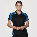 Black polo shirt with royal blue side panels and white contrast piping on shoulders and sides