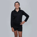 Black long sleeve polo shirt with collar and button placket on youth model