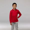 Boy wearing a red long sleeve kids polo shirt with ribbed collar and two-button placket