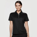 Black ladies polo shirt with charcoal contrast placket and shoulder trim detailing