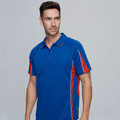 Man wearing royal blue sport polo with red and white contrast side panels and three-button placket