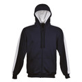 Navy zip-up fleece hoodie with white contrast sleeve panels and grey hood lining