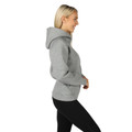 Grey marle hooded jacket with high neckline and black contrast leggings shown in side profile