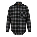 Black and charcoal grey buffalo check flannel shirt with chest pocket and button front closure