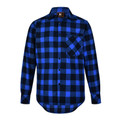Royal blue and black buffalo check flannel shirt with chest pocket and button front