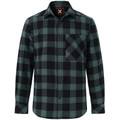 Unisex long sleeve flannel shirt in a black moss plaid pattern, featuring a button-up front and single chest pocket