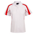 White ladies polo shirt with red and grey contrast panels on shoulders and sides
