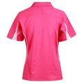 Hot pink ladies polo shirt with white contrast side panels and collar, rear view showing smooth back panel