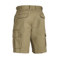 Khaki cargo shorts with multiple flap pockets and belt loops, rear three-quarter view showing pocket details