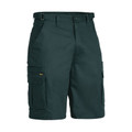 Bottle green men's cargo shorts with eight pockets, belt loops, and branded tab detail on thigh pocket