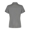 Back view of charcoal grey women's polo shirt with contrast dark trim on sleeves and collar