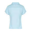 Back view of ladies sky blue polo shirt with white contrast sleeve tipping and subtle texture panel detail