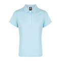Sky blue ladies polo shirt with contrast white button placket and collar trim