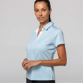 Light blue ladies polo shirt with white collar and sleeve trim contrast detail