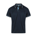 Navy polo shirt with sky blue contrast collar and placket trim, white tipping on collar and sleeves