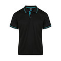 Black poly mesh polo shirt with turquoise contrast tipping on collar and sleeves