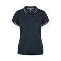 Navy women's polo shirt with white contrast trim on collar and sleeves featuring button placket