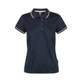Navy women's polo with white contrast tipping on collar and sleeve cuffs, featuring mesh knit construction