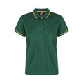 Women's bottle green poly polo shirt with gold tipped collar and matching sleeve cuffs, three-button placket