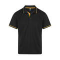 Black mesh knit polo shirt with gold contrast tipping on collar and sleeves