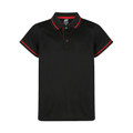 Black mesh knit polo shirt with red contrast tipping on collar and sleeves