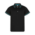 Black kids' polo shirt with turquoise contrast tipping on collar and sleeves