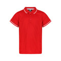 Bright red kids polo shirt with white contrast tipping on collar and sleeve cuffs