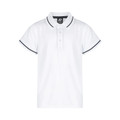 White polo shirt with charcoal contrast tipping on collar and sleeves, mesh knit polyester fabric