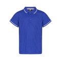 Royal blue polo shirt with white contrast tipping on collar and sleeve cuffs