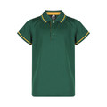 Forest green kids' polo with gold contrast tipping on collar and sleeves