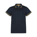 Navy kids' polo with gold contrast tipping on collar and sleeves
