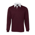 Maroon long-sleeve rugby shirt with white collar and placket featuring contrasting colour detail