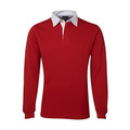 Red rugby jersey with white collar and long sleeves featuring contrast placket detail