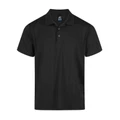 Black short sleeve polo shirt with three-button placket and flat knit collar ideal for decoration