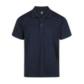 Navy recycled poly polo shirt with collar and three-button placket on flat lay