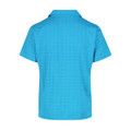 Back view of cyan blue polo shirt with flat collar and short sleeves in recycled polyester fabric